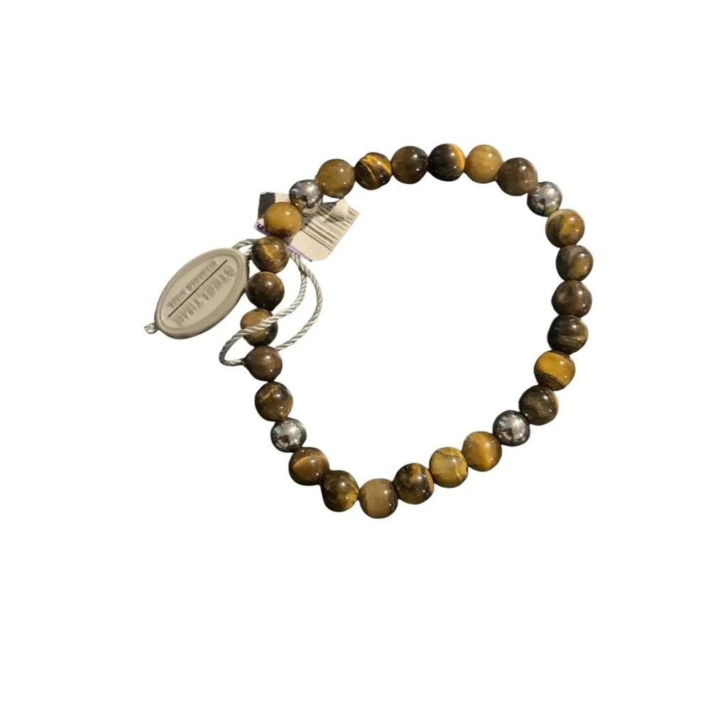 NWT Steeltime Tiger Eye and Stainless Steel Beaded Stretch Bracelet Brown Silver